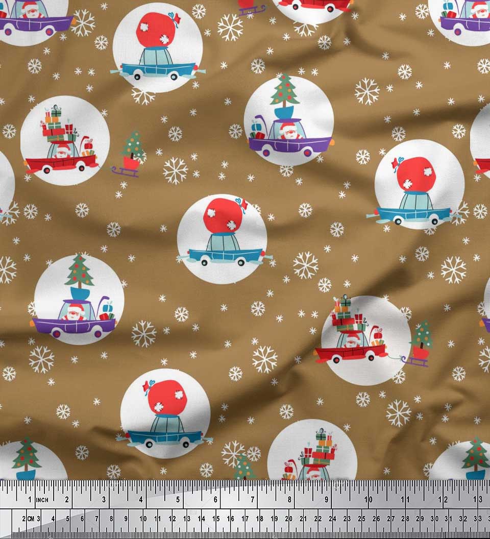 

Подарункова коробка з японської креп-атласної тканини Soimoi, автомобіль і різдвяний принт на тканині 42 дюйми 42 Inch Wide - Poly Crepe коричневий