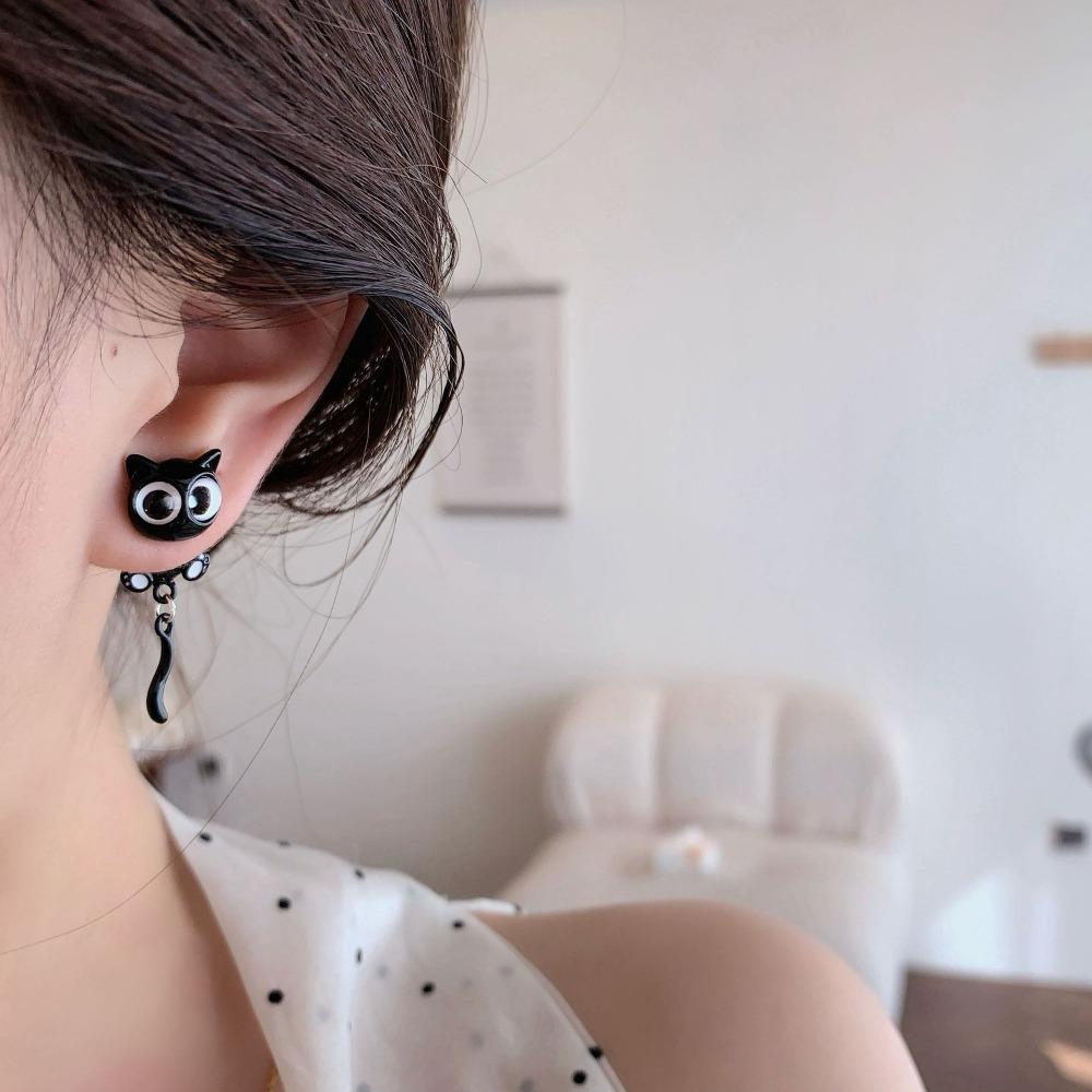 Simple Black Cat Earrings Cute Cartoon Earrings Fashion Black Cat Ear Studs Girl
