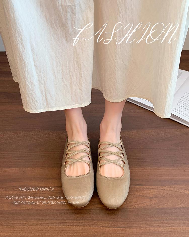 2025 autumn new French soft leather round head cross strap Mary Jane shoes ballet shoes shallow mouth single shoes women
