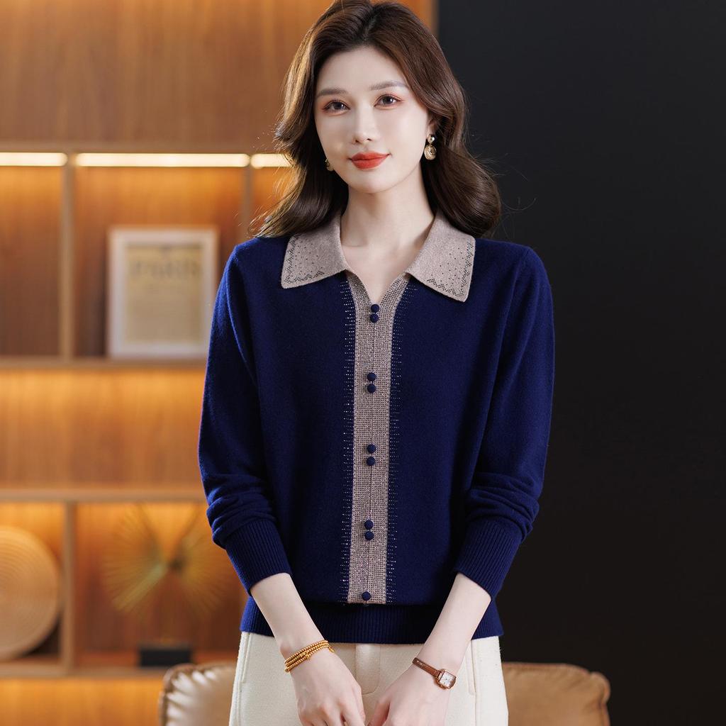 Women's Lapel Wool Sweater - Red, Warm, Stylish, Loose Fit for Middle-Aged & Elderly (Autumn/Winter Collection)