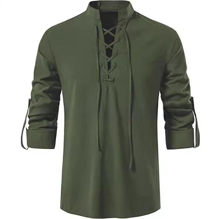 Chemise Henley en coton pour homme, à manches longues, décontractée, avec col montant et cordon de serrage.