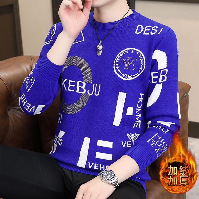 

Горячая распродажа, Зимний новый плюшевый свитер с круглым вырезом, Вязаный свитер с горячими бриллиантами, Большой размер, Свободный свитер 4XL синий