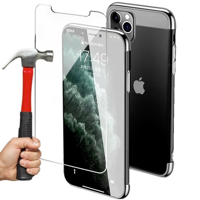 Coque pour iPhone 12 Pro Max - Argenté - Pack 2 Verres Trempés - Souple - Bordure Chromé - Anti-Choc