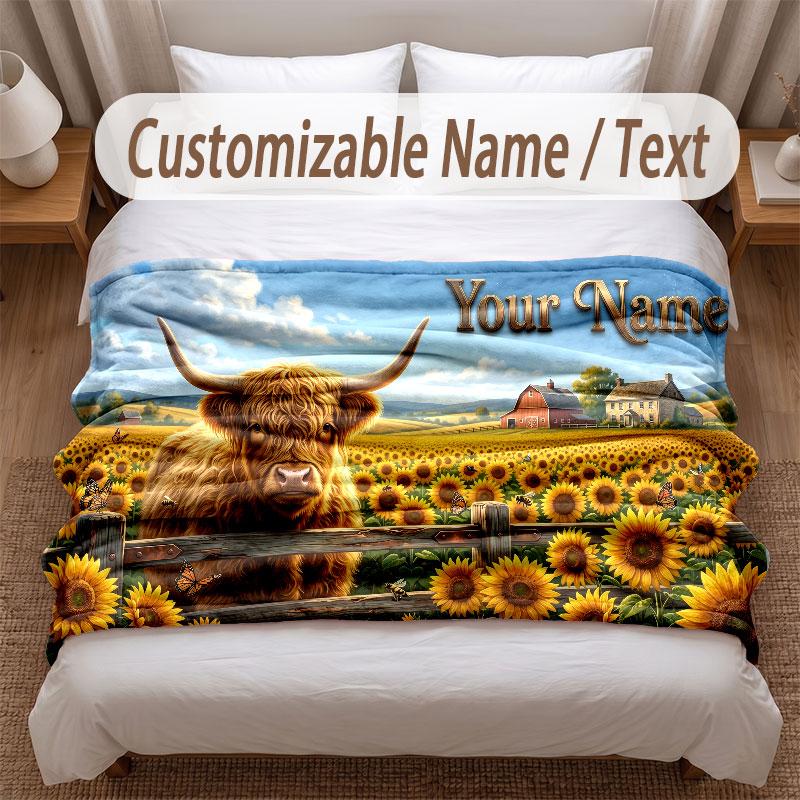 Highland Cow Theme Soft Blanket Personalized Custom Name Text Print Warm Blanket Home Sofa Bedroom Decor
