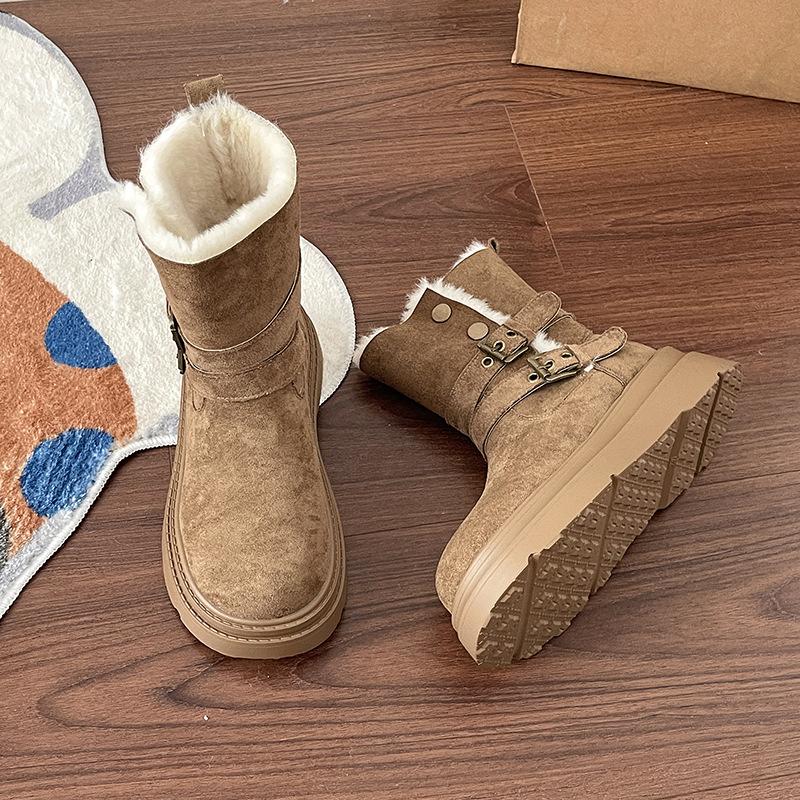 Vintage Crossbuckle Women's Martin Boots Autumn and Winter Popular Skinny Casual Snow Boots Suede Short Boots Cotton Shoes