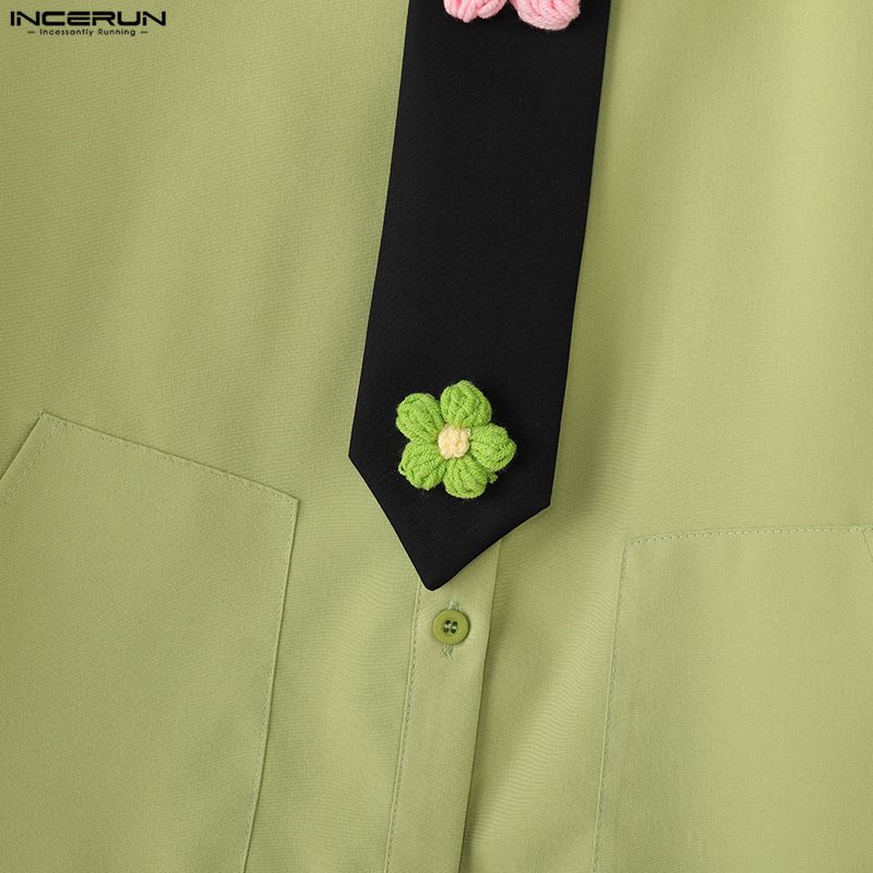 INCERUN Oversized Men Tie Up Neck Short Sleeve Flowers Casual Loose Shirts