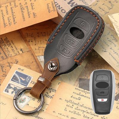 Leather 4 Button Keyless Entry Car Key Fob Chain Case Cover Shell Protector For Subaru BRZ STI XV Crosstrek Outback