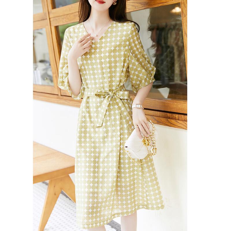 Deme Women's Retro Polka Dot V-Neck Lantern Sleeve Chiffon Midi Dress