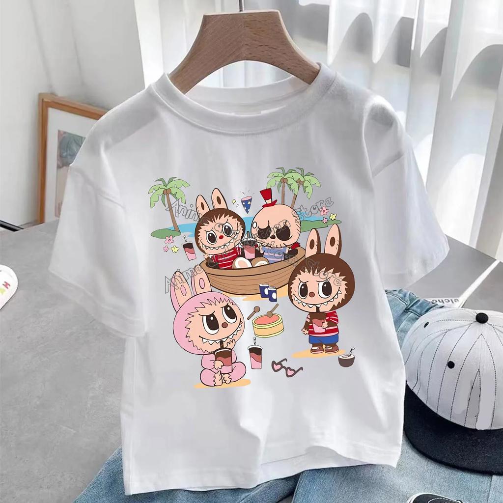 Labubu Weißes T-Shirt für Kinder Niedliches Cartoon-T-Shirt Oberteil Anime Rundhals Kurzarm Kleidung Mode Kinder Sommerkleidung Geschenk