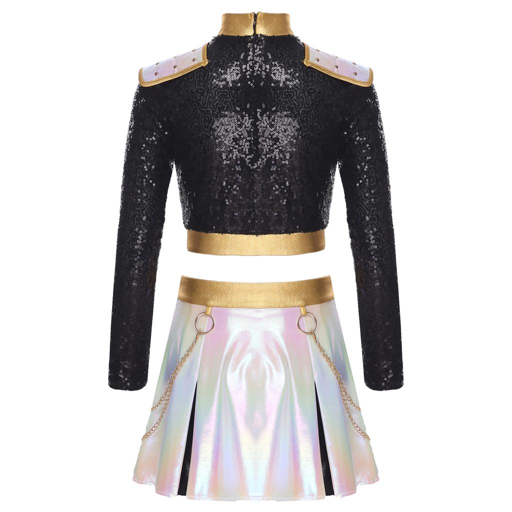 Disfraz de Cantante Inspirado en Demonio para Niñas Patchwork Manga Larga Cremallera Invisible en la Espalda Lentejuelas Crop Top Cadena de Cintura Conjunto de Falda