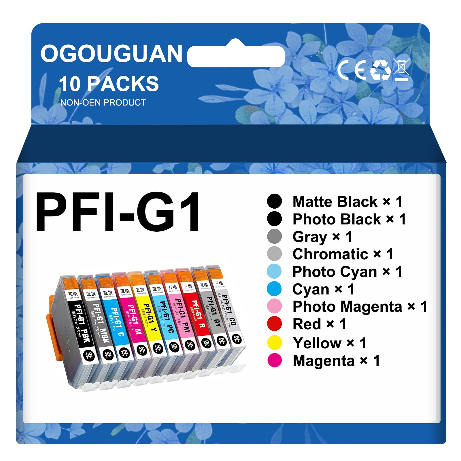 

OGOUGUAN Compatible Canon 10PK Pigment Ink Cartridges for imagePROGRAF PFI-G1 (10-Color Set) PRO-G1 (MBK, PBK, C, M, Y, R, GY, PC, PM, CO)