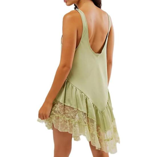 Damekjole Gjennomsiktig blonderpatchwork U-hals Plissert blomsterbroderi Løs ermeløs ensfarget damevestkjole