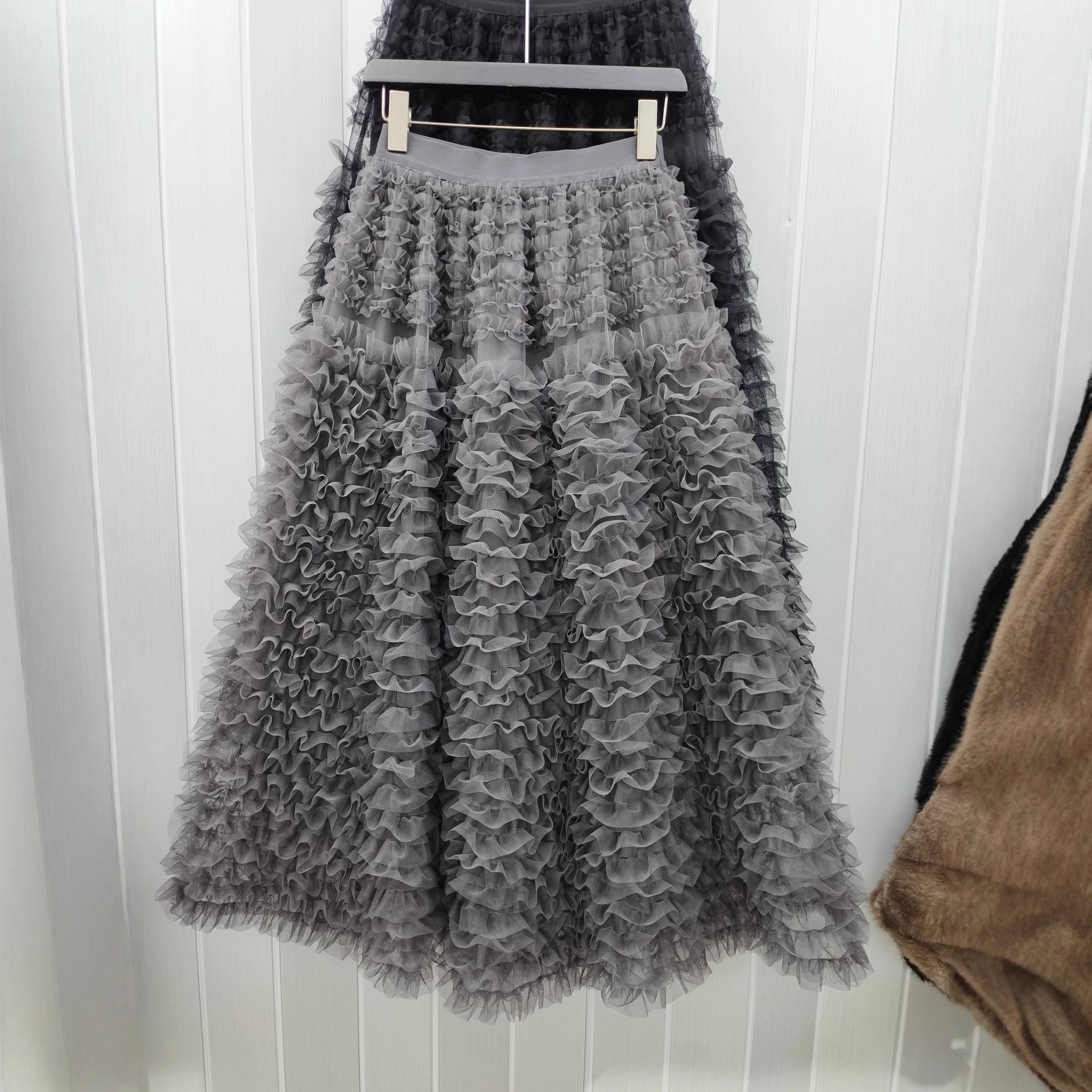 2026 Spring Korean Style A-line Fairy Lace Ruffle Mesh Skirt One Size серый