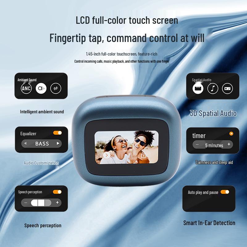 Smart Bluetooth Earbuds with Color Screen, Touch Control, ANC Dual Noise Cancelling, In-Ear, Wireless.