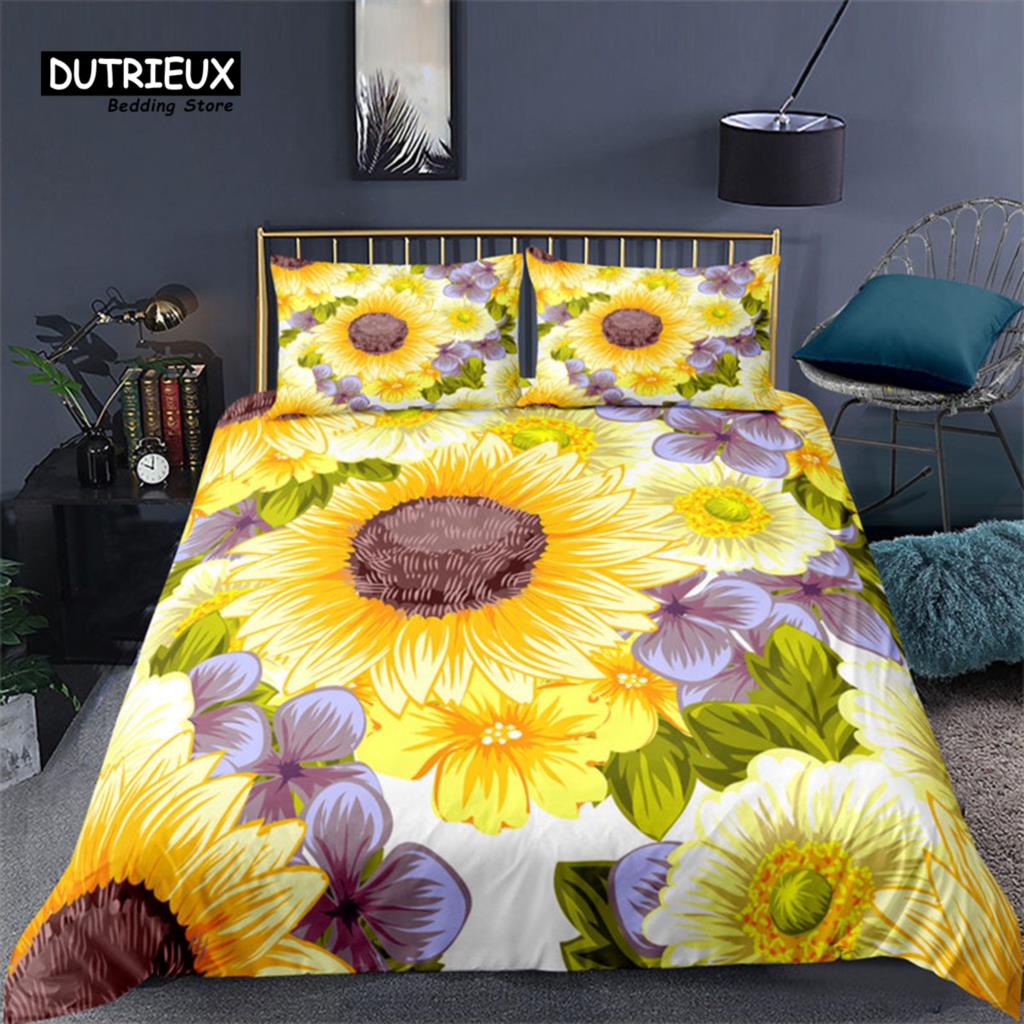 Sunflower Bedding Set Modern Microfiber Yellow Flowers Print Duvet Cover Alluring Sunflowers Summer Inspired Design Quilt Cover