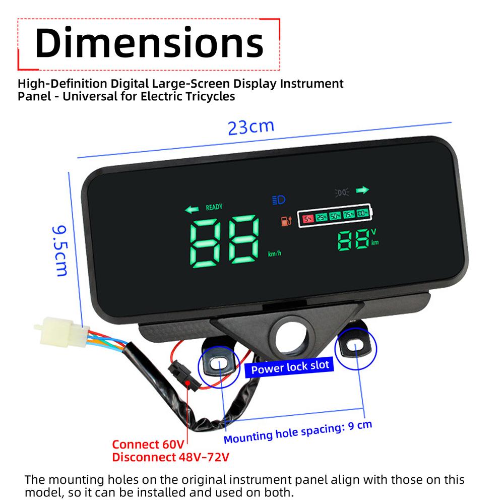 Panel de Instrumentos con Pantalla LCD 48-72V para Triciclo Eléctrico E-Bike Indicador de Batería Velocímetro Panel Impermeable con Alimentación