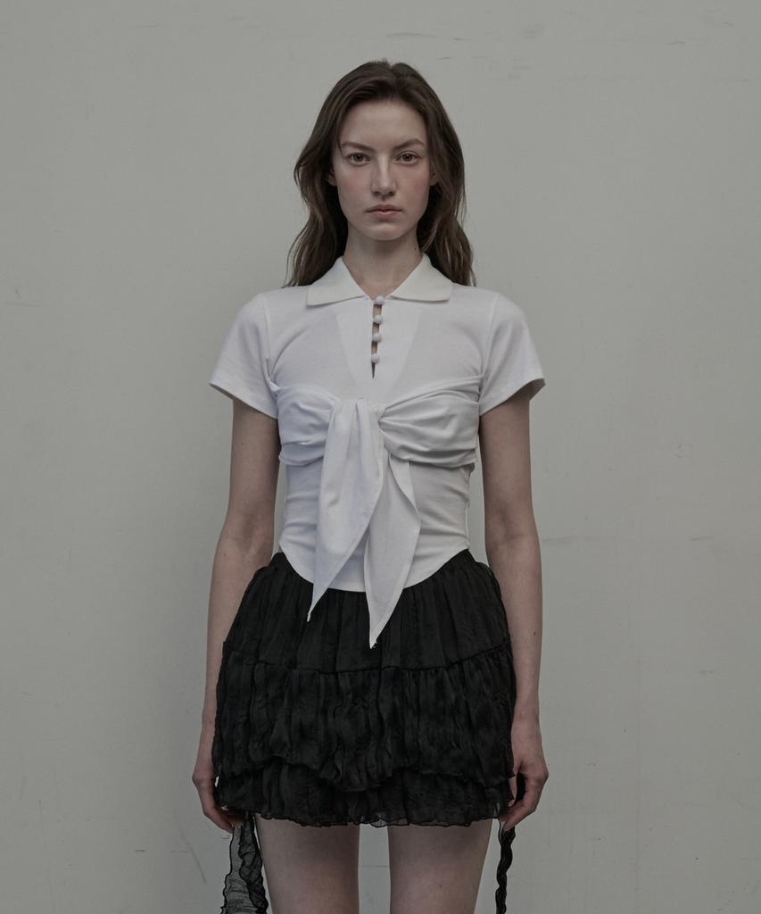 Mausolleum Button Ribbon Collared T-Shirt - White