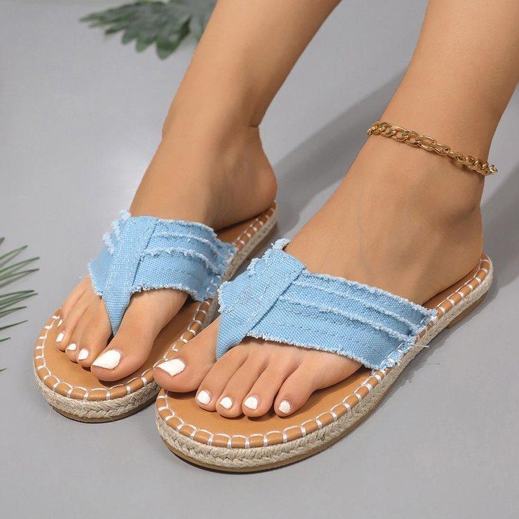 

Летние новые шлепанцы женские модные пляжные туфли с плоским дном и плетеным носком из травы, сандалии большого размера, модная обувь 36 небесно-голубой