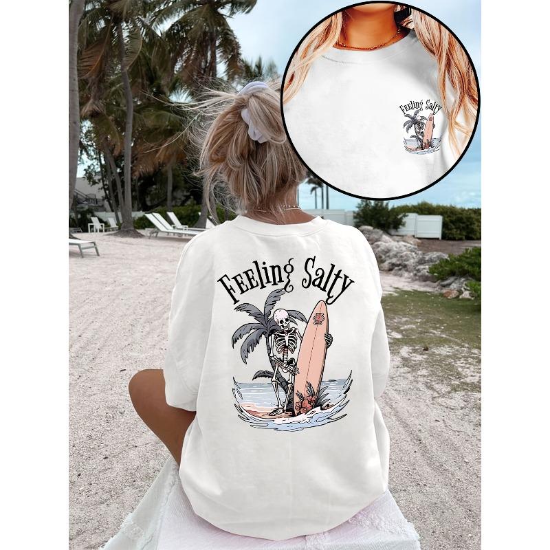 

European sizes Casual Loose Fit Round Neck Short Sleeve T-Shirt - FEELING SALTY Surf Skeleton Graphic Print 4XL