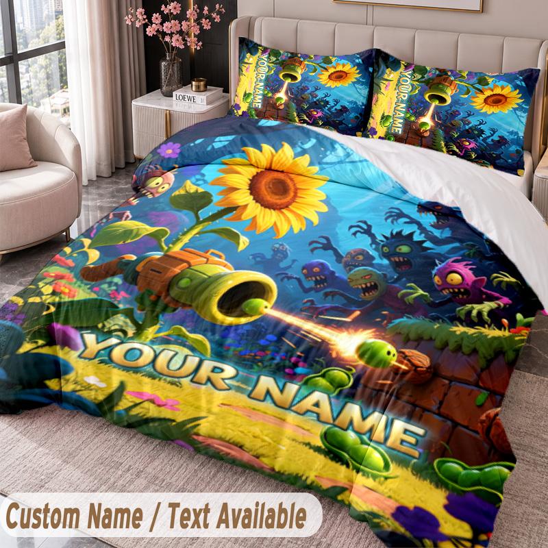 Custom Name Text 3Pcs Bedding Set Plants Vs. Zombies Duvet Cover And Two Pillowcases