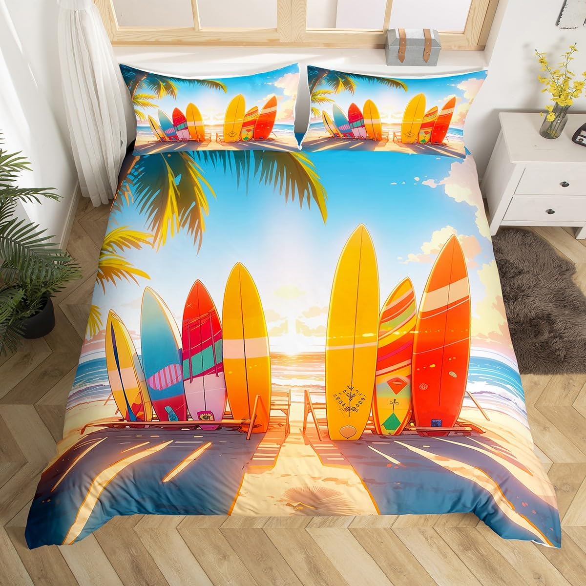 Housse de couette Vague de mer pour adolescents Filles Garçons, Ensemble de literie Thème Plage Planche de surf pour Décor de Chambre, Ensemble Housse de couette Arbre de Palmier Tropical Baby 70x133 cm multi