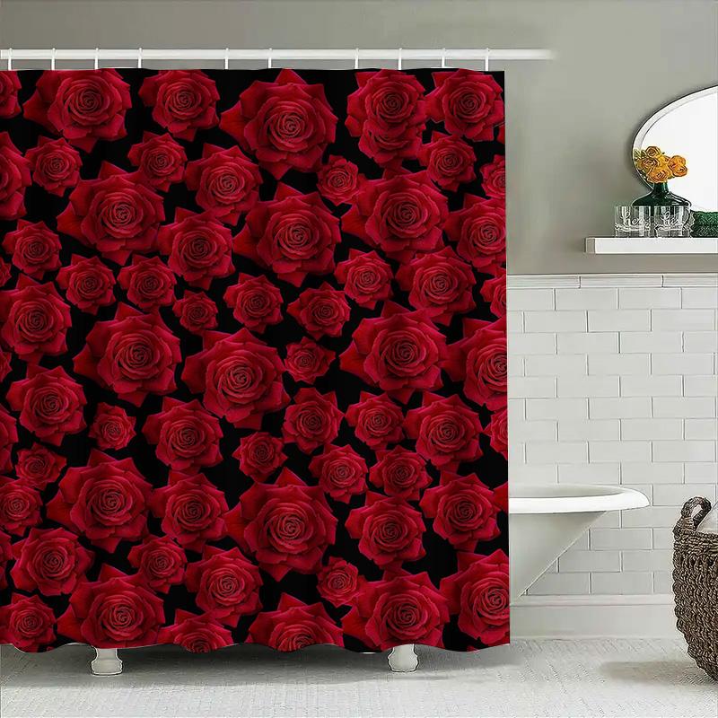 Luxurious Red Rose Print Shower Curtain Waterproof Decorative Home Decoration For Bathroom