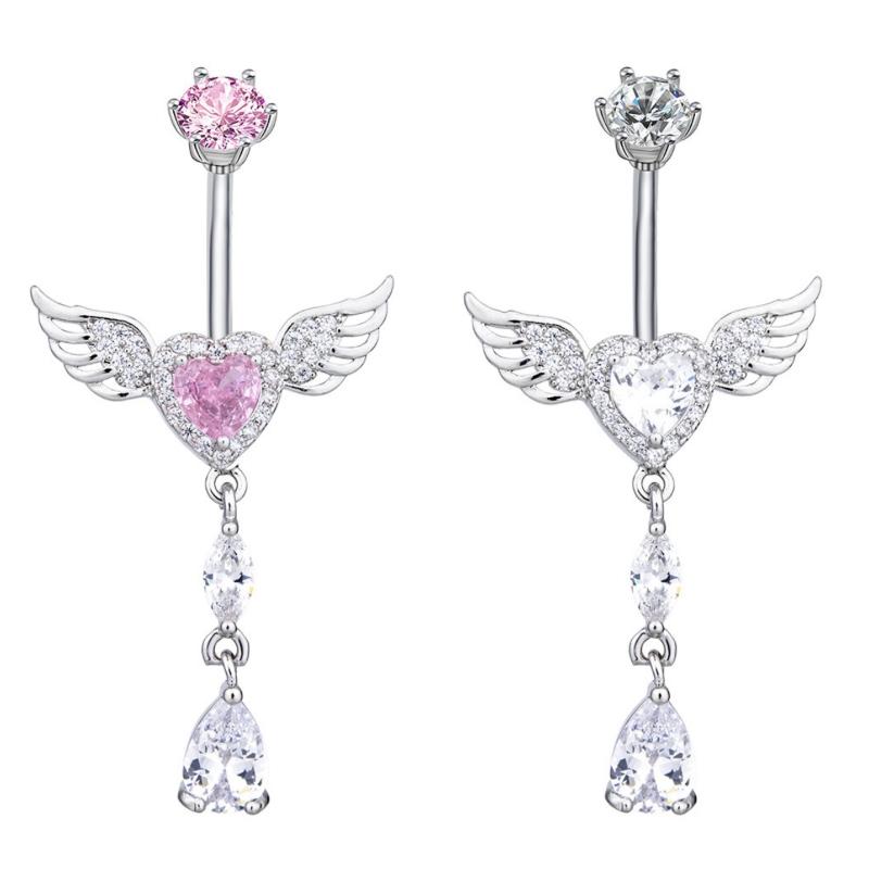 Wing Heart Belly Button Rings Shiny Inlay Dangle Hypoallergenic Steel Navel Piercing For Beach Parties Daily Wear