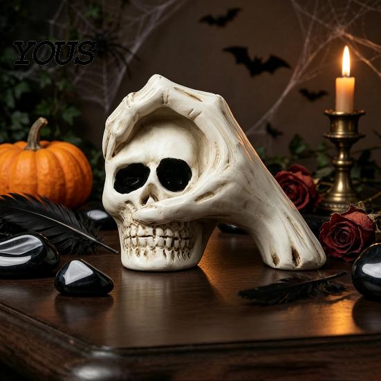 Unique Halloween Theme Souvenir Skull Hand Sculpture, Gothic Skeleton Head Figurine, Spooky Resin Indoor Bar Atmosphere Props Decoration for