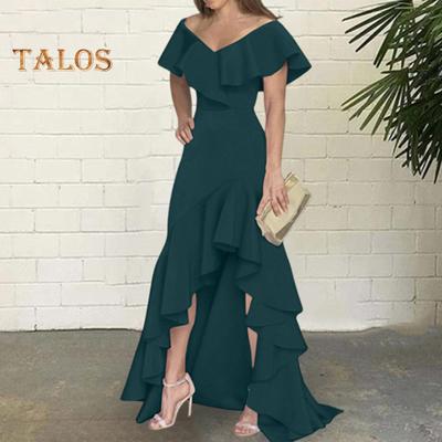 Dames Avondjurk Ruffle Patchwork V Hals Slim Fit Onregelmatige Zoom Mouwloos Vloer Lengte Pure Kleur Baljurk Feest Banket Maxi Jurk