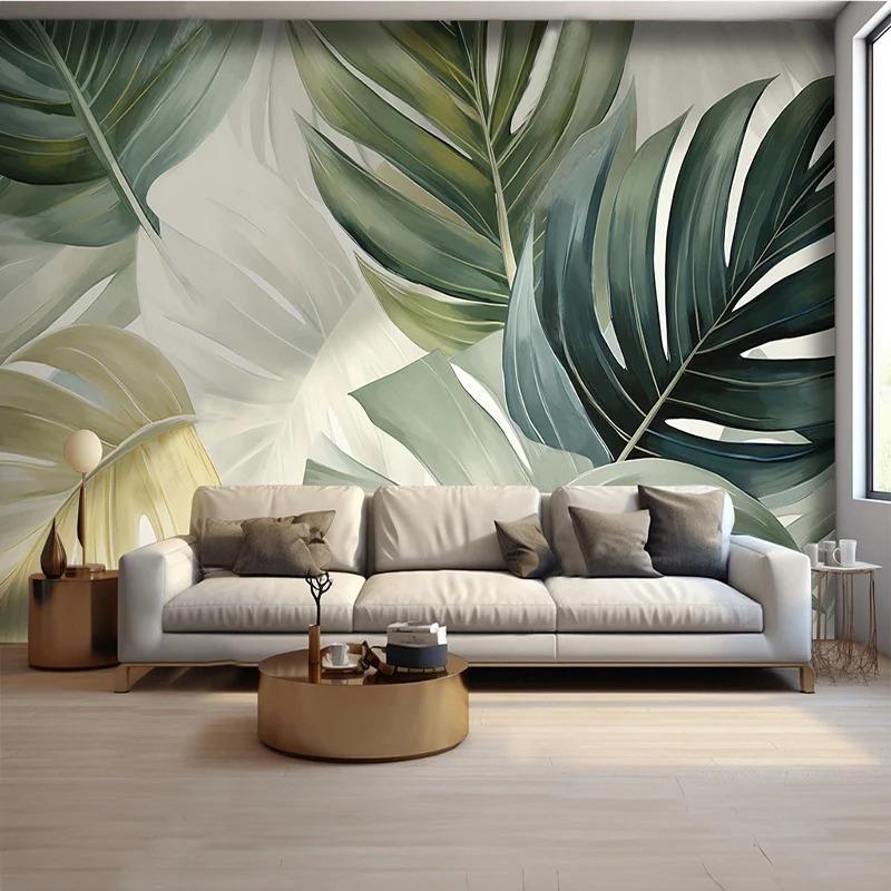 Abstraktní Jednoduchá 3D Nástěnná Malba Ručně Malované Zelené Listy Tapeta Restaurace Kavárna Pozadí Zeď Tapeta Domácí Dekorace
