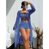 [Blauer Bikini] Dreiteiliges blau gestreiftes Bikini-Set | Geeignet für Strand und Meer