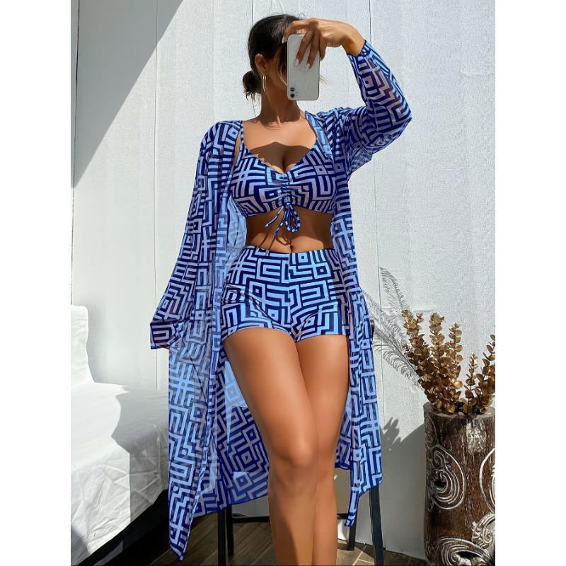 [Blauer Bikini] Dreiteiliges blau gestreiftes Bikini-Set | Geeignet für Strand und Meer