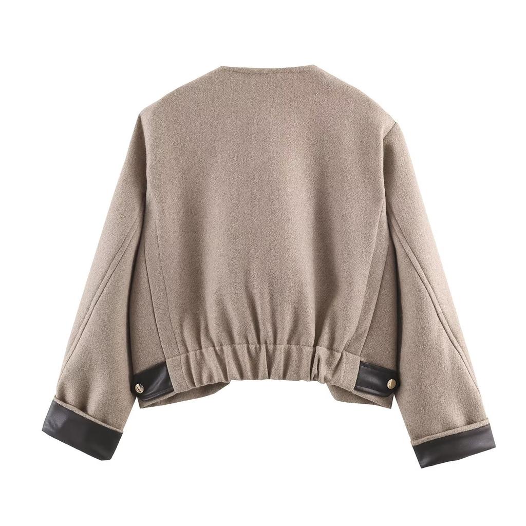 Foreign trade autumn and winter new women's clothing European and American style fashion simple leather effect decoration layer long sleeve woolen ja