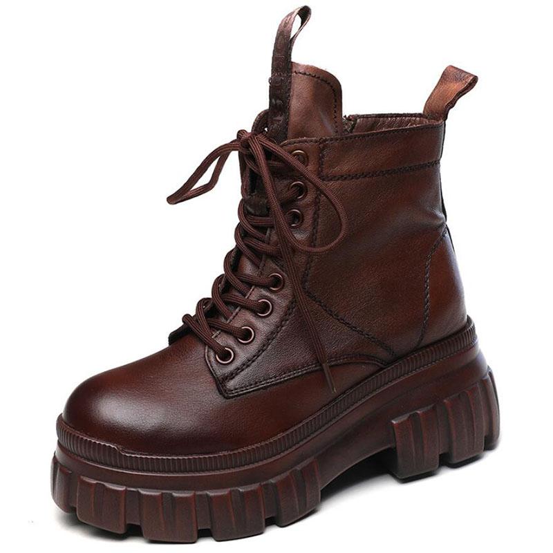 Fashion GKTINOO Women's Genuine Leather Ankle Boots Women Autumn Winter Lace Up Women Punk Boots Flat Ladies Shoes Woman Botas Mujer