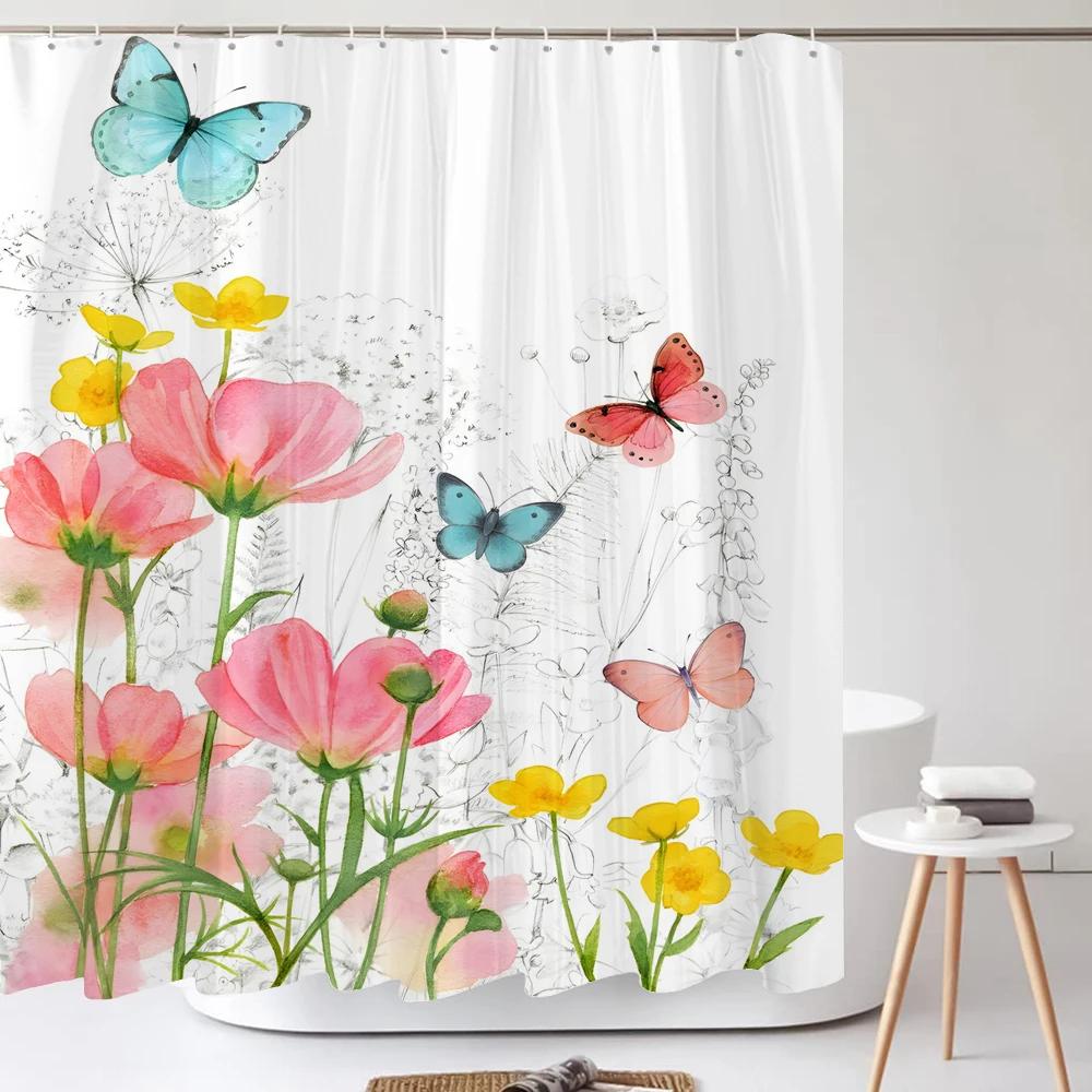 Flowers Pattern Shower Curtains Waterproof Polyester Bath Screen Curtain for Home Decoration Bathroom Printed Shower Curtain