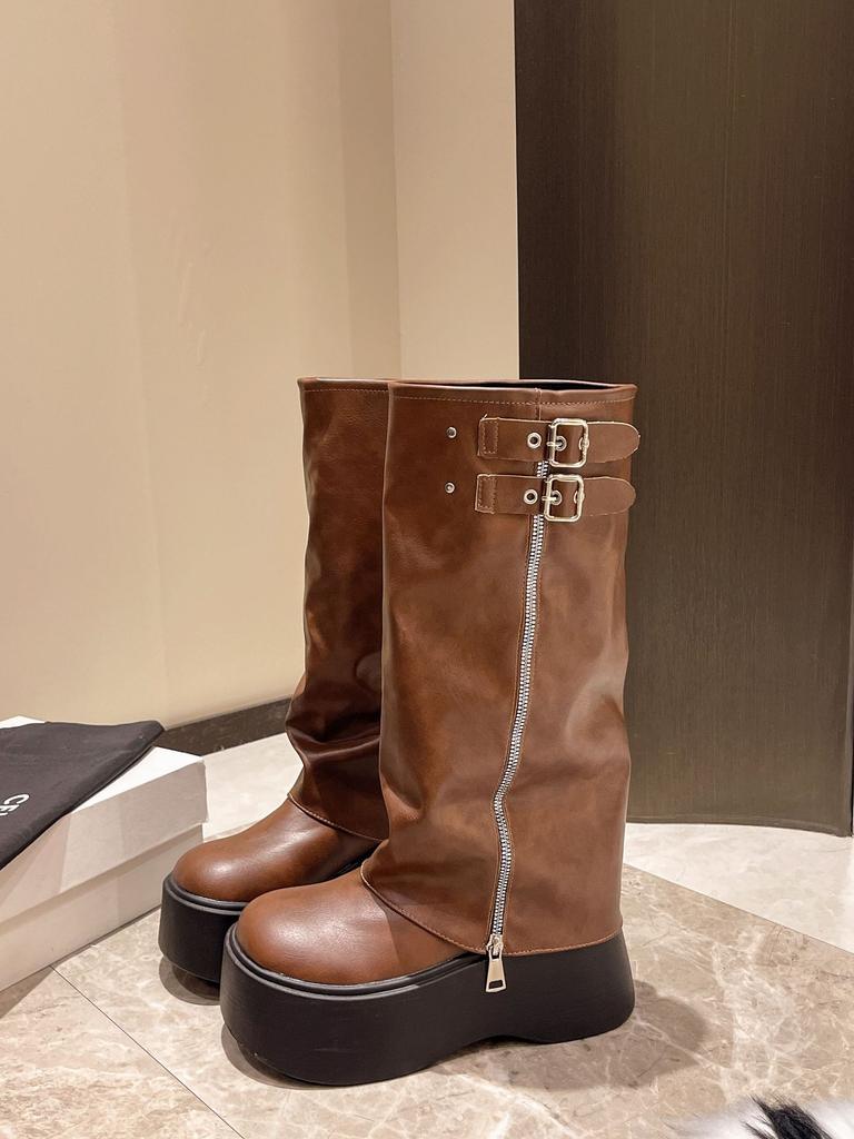 Platform Wedges Women Shoes Retro Motorcycle Boots Round Toe Belt Buckle Zipper High-heeled Fashion Pleated Knee High Long Boots