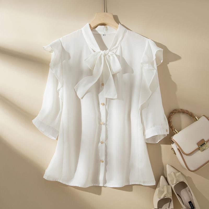 WTEMPO Brand Niche Chic Chiffon Blouse Thin Bow Temperament Hundred with Seven-point Sleeve Thin Shirt Fashion Casual Hundred with Outside Wear Tops