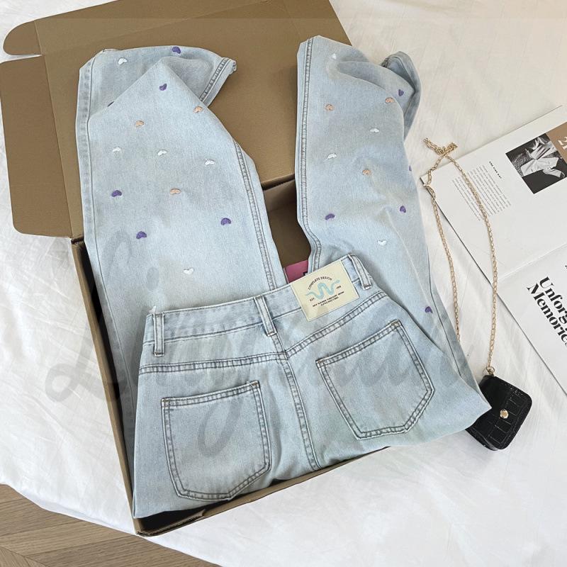 Women s High-Waist Heart Embroidered Wide-Leg Denim Pants Medium