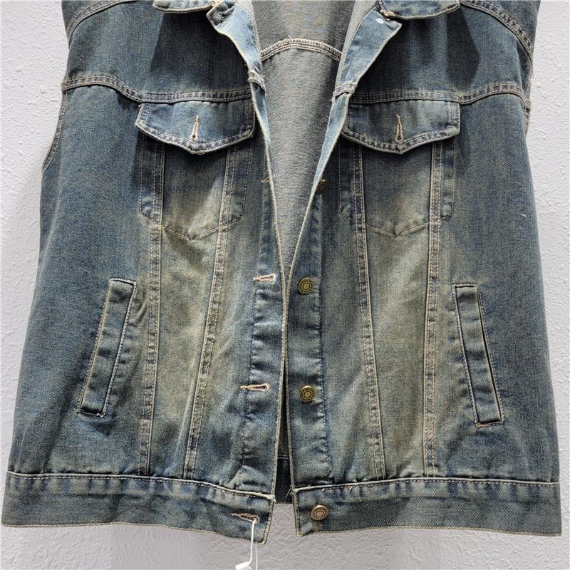 European Denim Shirt Jacket for Women, Sleeveless Padded Shoulder Jacket, Autumn Hong Kong-style Vest Vest Trendy Top