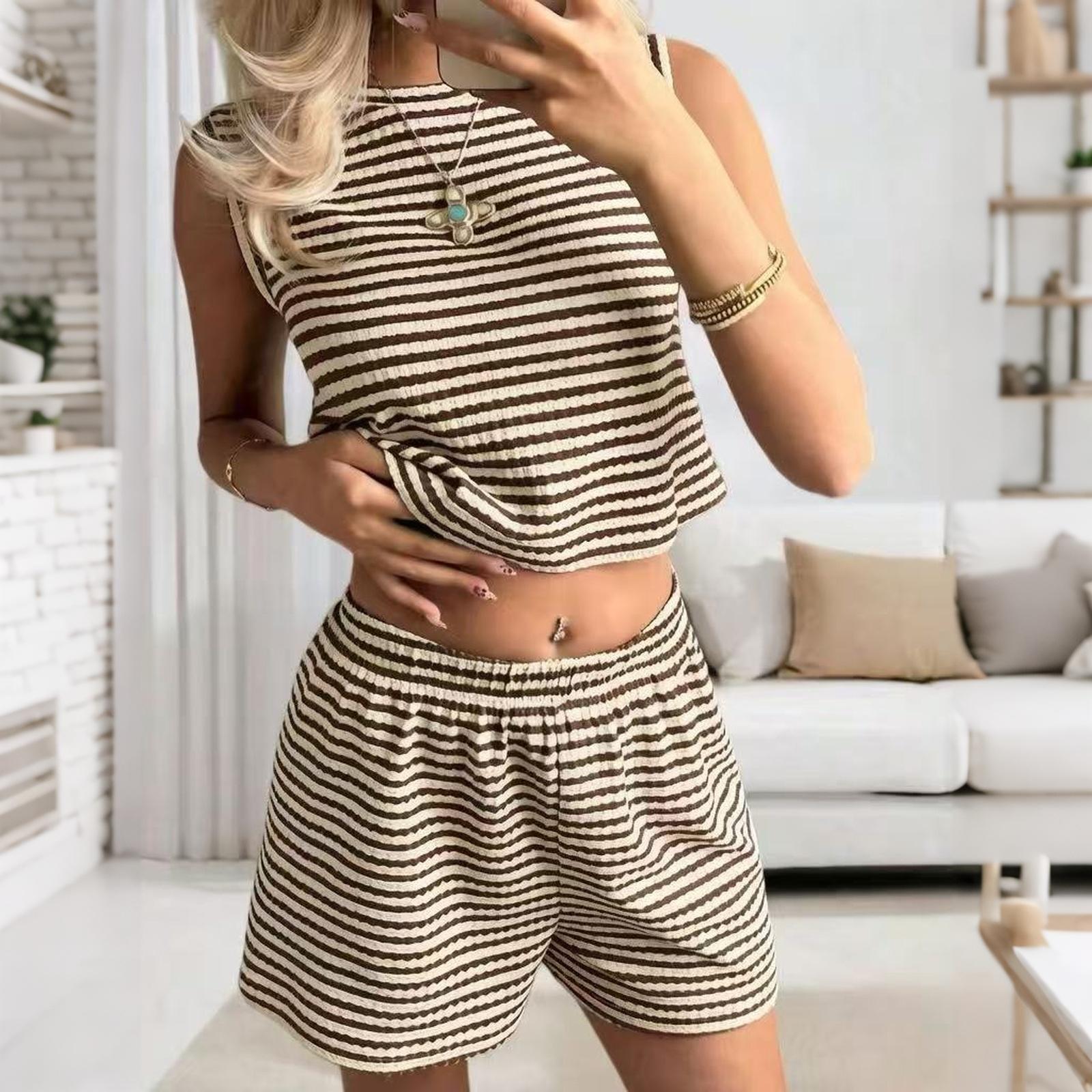 

Women s Textured Striped Tank Top and Shorts Set Summer Knit Casual Two Piece Outfit Sleeveless Pullover Elastic Waistband Lounge Wear XXL кофейный