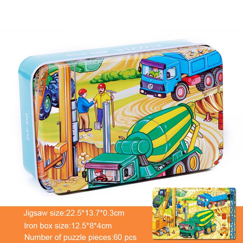 60 Pcs/Set Kids Wooden Puzzle Cartoon Animal Vehicle Dinosaur Pattern Jigsaw with Iron Box Baby Early Educational Toys Gift
