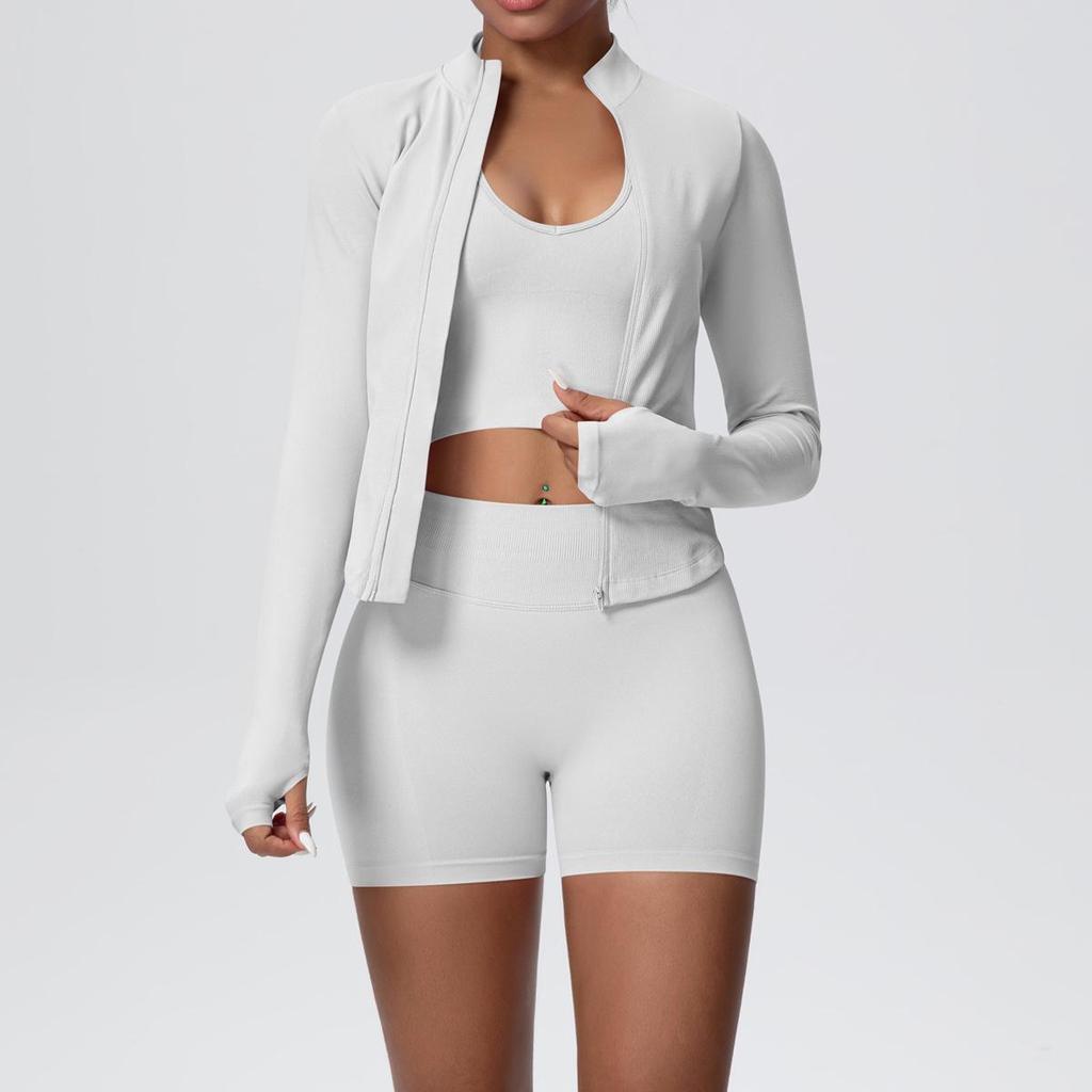 Women's European & American Sports Casual Three-Piece Set: Knitted Long Sleeve Zipper Jacket, Sports Vest, & Shorts Fitness Wear.