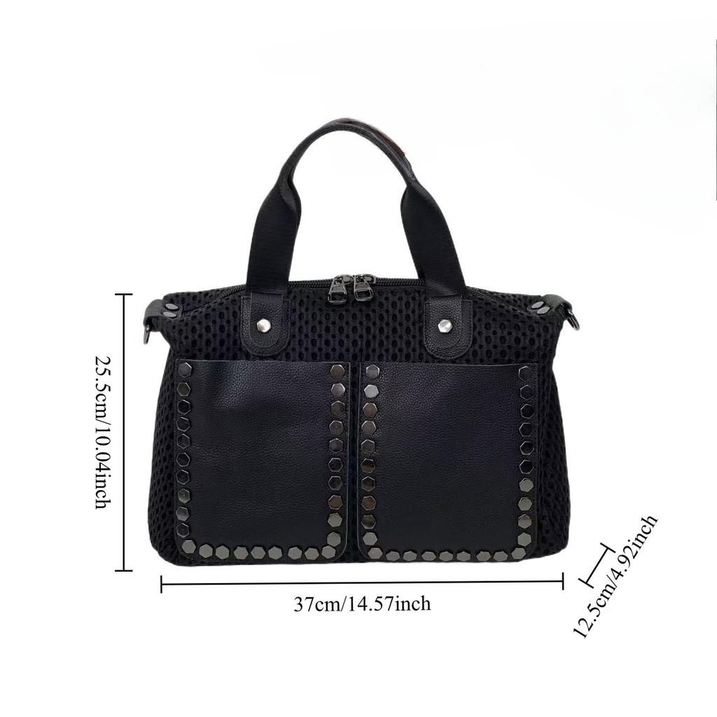 Women'S Mesh Splicing Leather Handbag Large Capacity Retro Rivet Messenger Bag