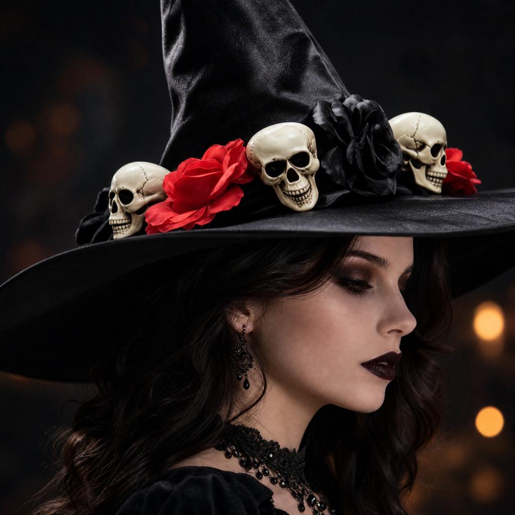 Black Satin Witch Hat for Halloween Costume Accessory