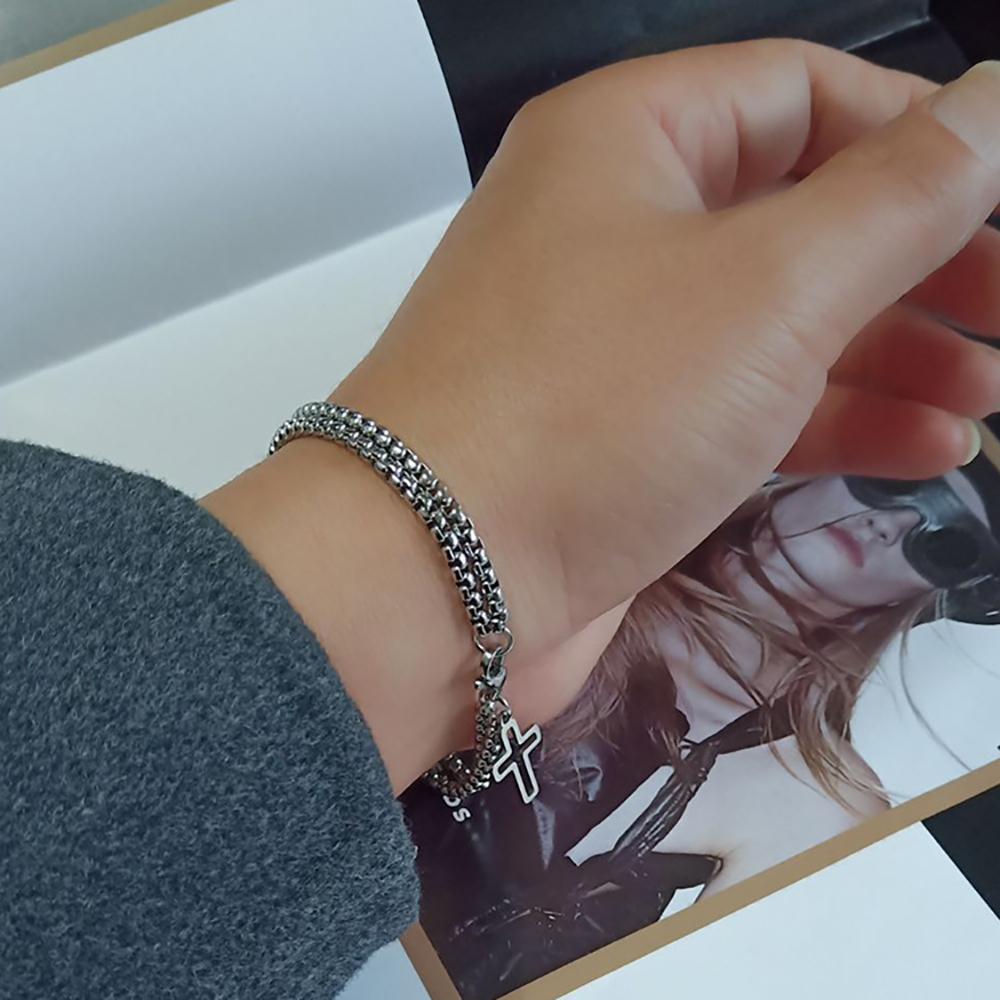 Men's Fashion Double Chain Cross Hollow Wrist Bracelets Lobster Claw Clasp Stainless Steel Bracelet Hip Hop Punk Party Jewelry