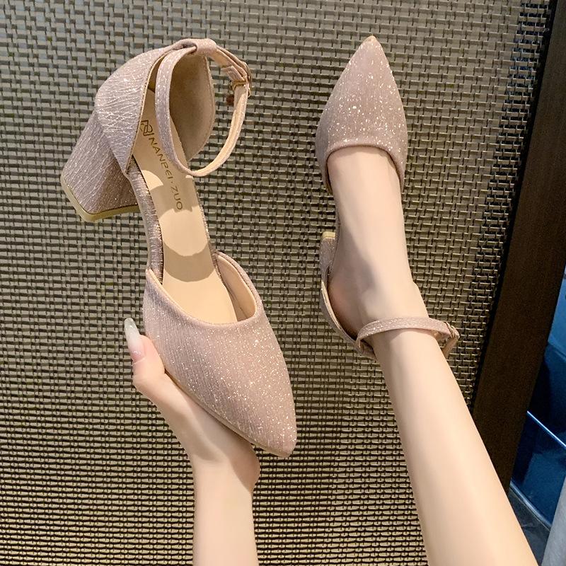 Hot Selling French Girl Pointed High Heels Thick with 2025 New Shallow Mouth Empty Single Shoes Womens Shoes Zapatos De Mujer