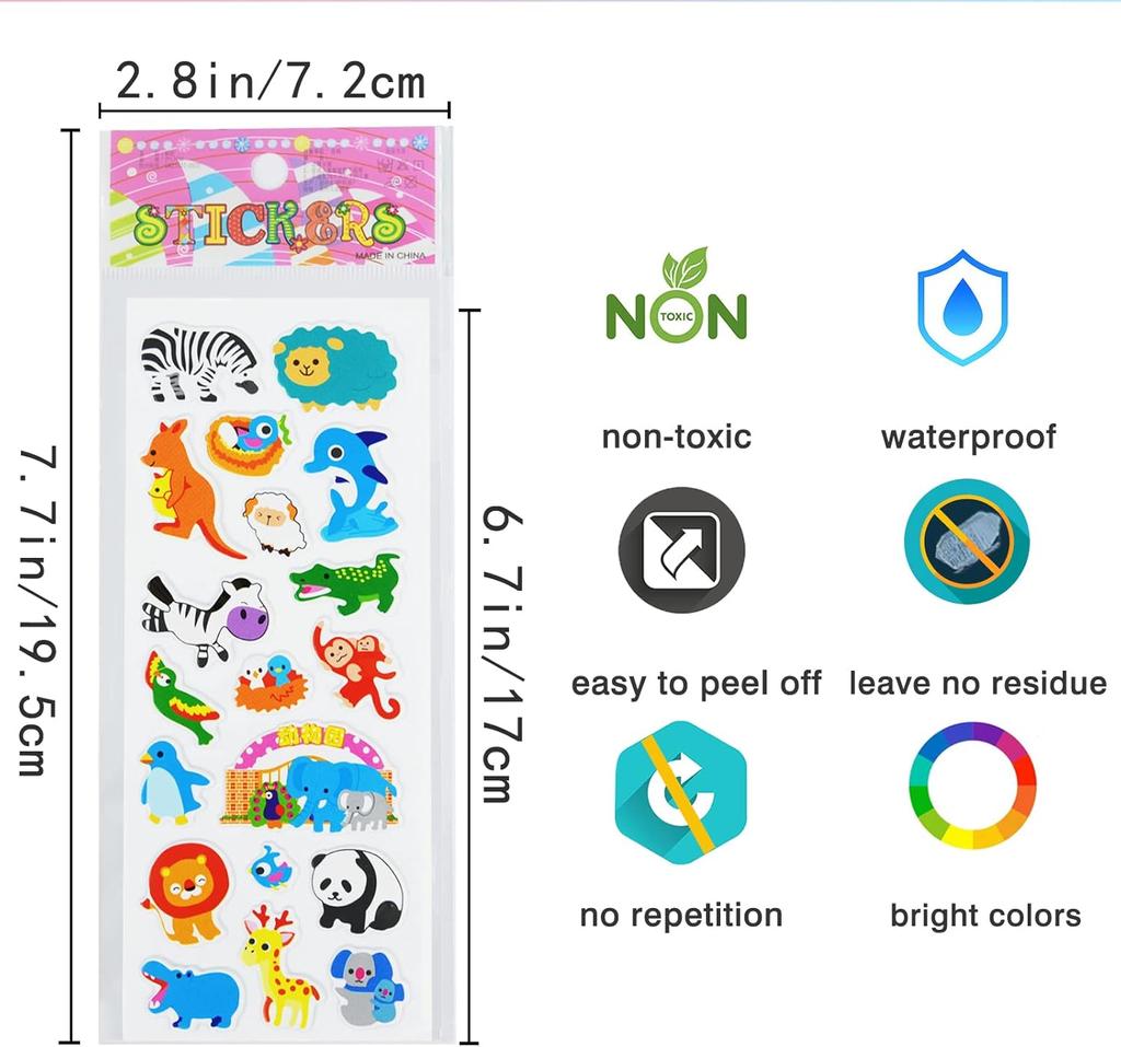 10Sheets Animal 3D Puffy Stickers for Toddlers Kids, Bulk Preschool Sticker Sheets for Reward, Craft, Scrapbooking
