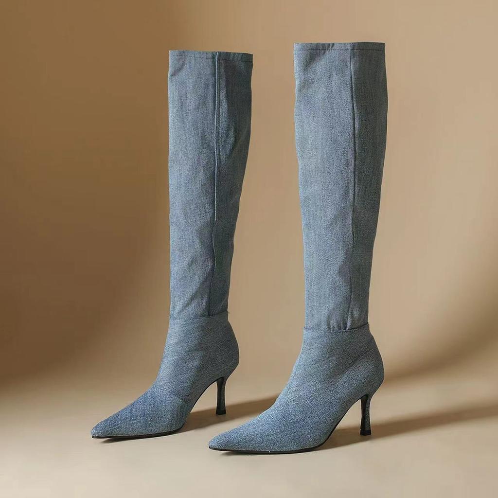 Spice Girls Pointed Thin Heel Wide Boots 2025 New Women's Boots Thin Versatile Large Tube Circumference Stacking Boots Large Size Boots