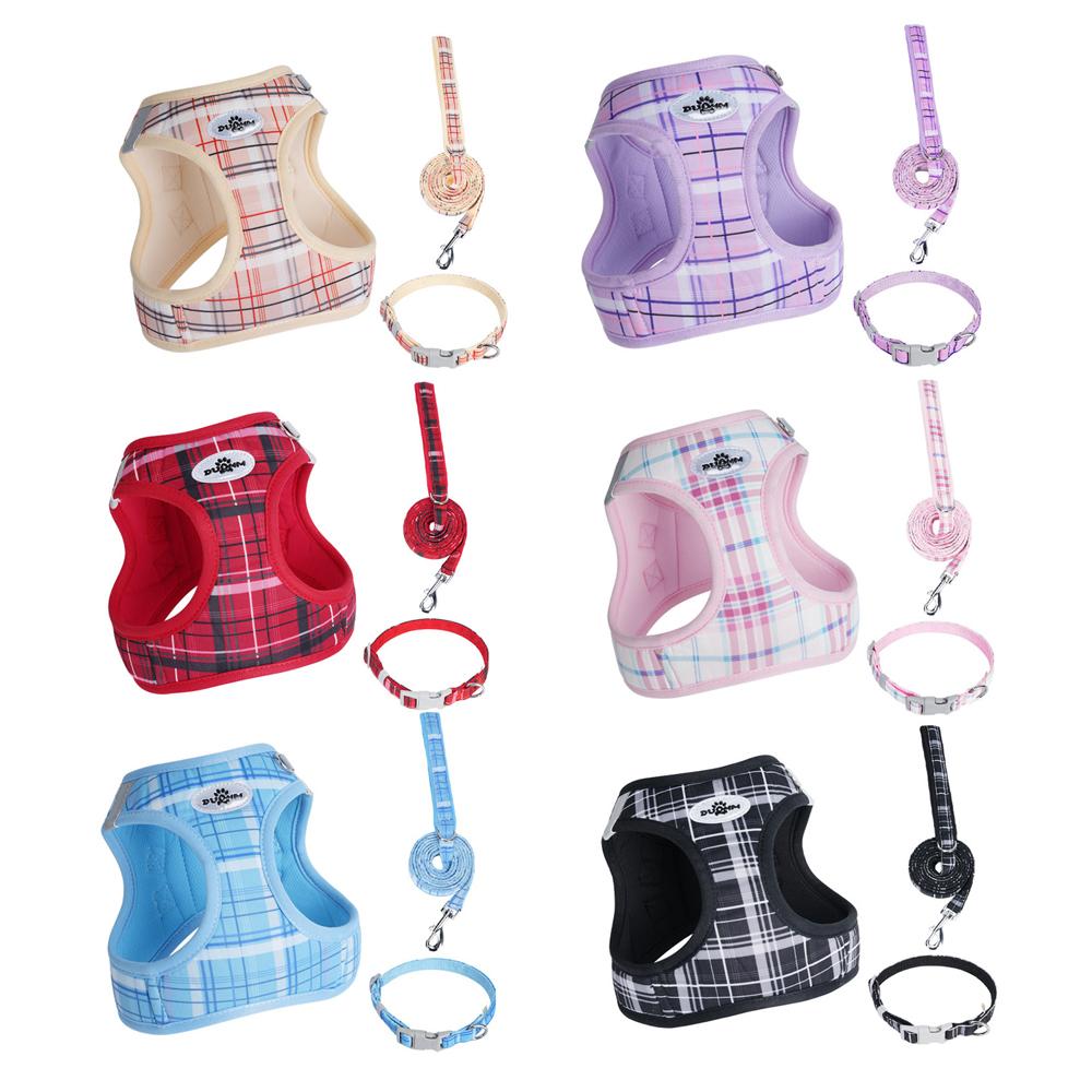 3-Piece Dog Harness Collar and Leash Set, Plaid Adjustable Puppy Vest Harness, Comfortable Pet Walking Set for Small Dogs and Ca