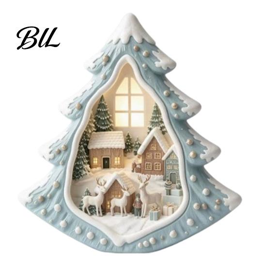 Decorative Church And Sleigh Sets Christmas Wooden Tabletop Decor with Warm LED Lights, 2D Printed Snow Village Scene Light Wood Crafts Santa Reindeer